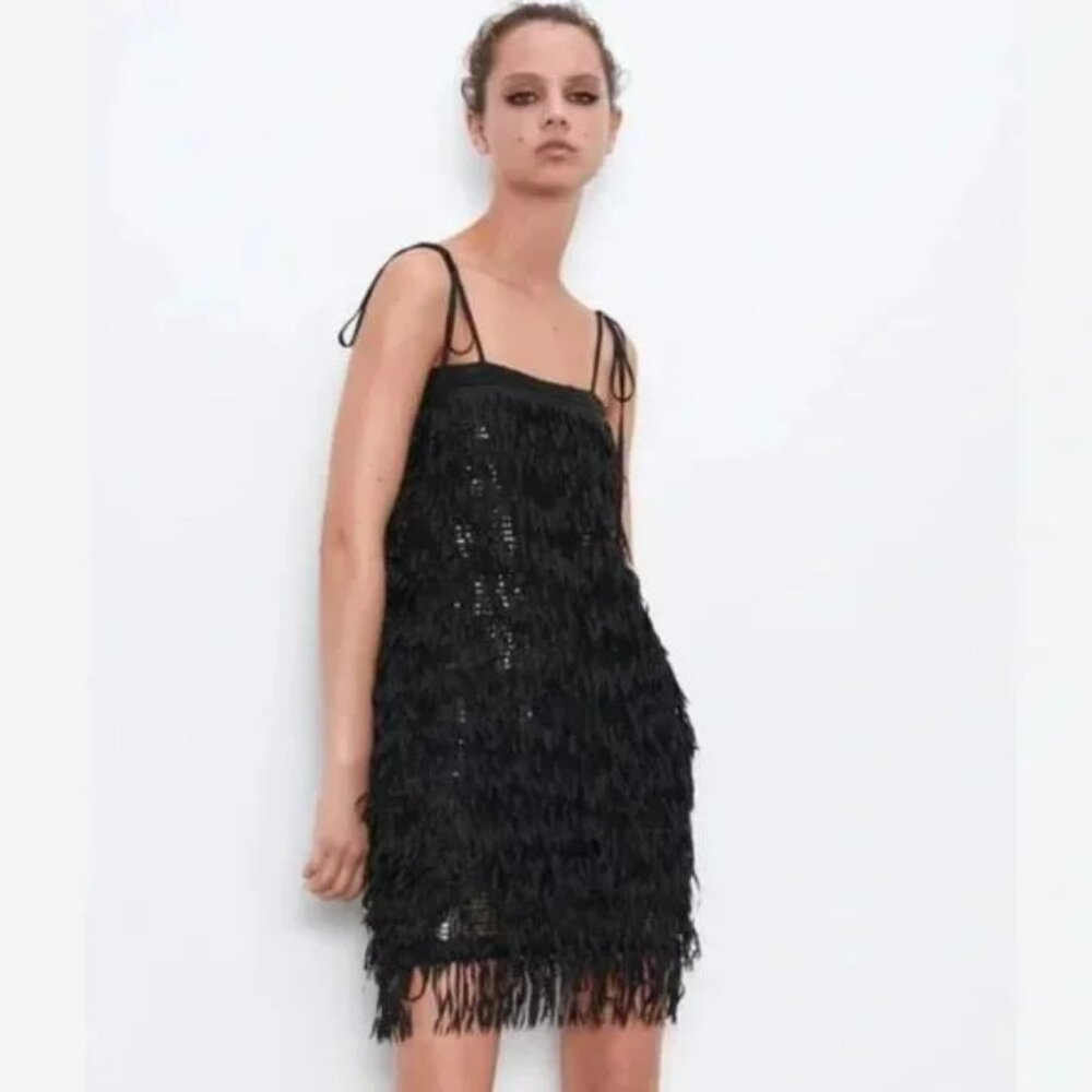 NWOT Zara Black Sequined Fringed Dress. SZ S - Picture 1 of 5